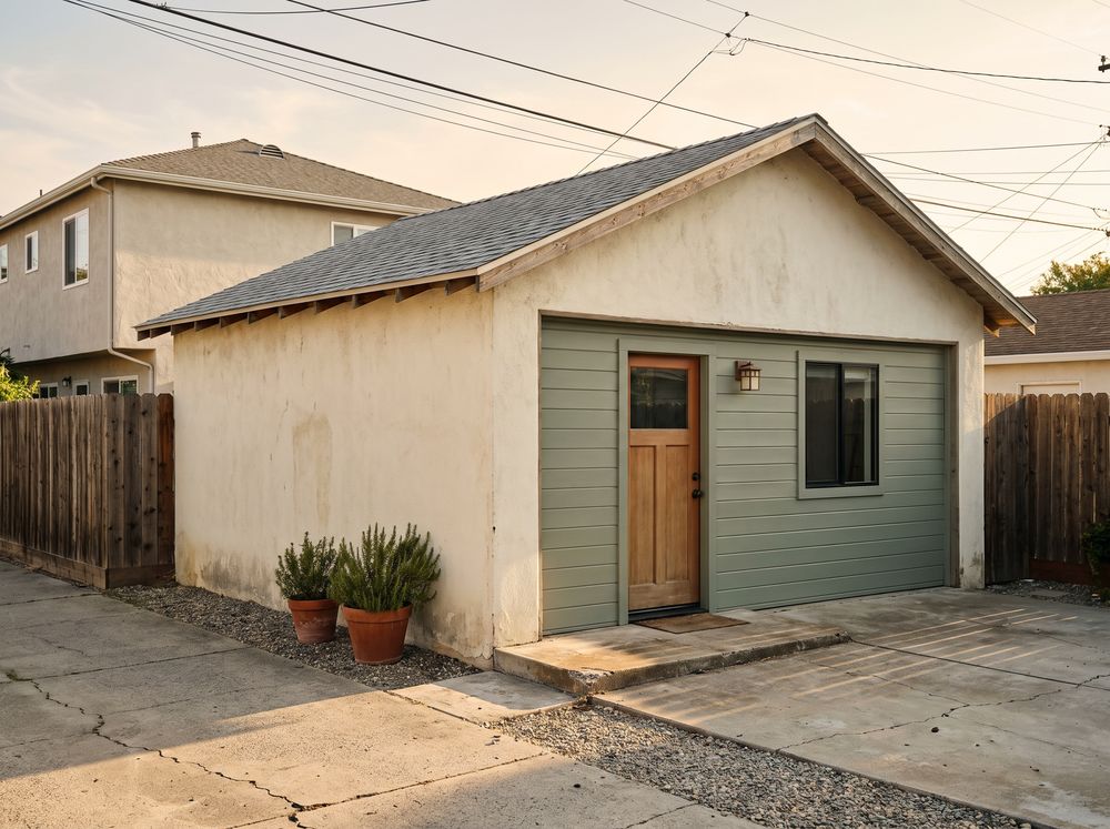 A detached garage whose old door opening is filled in with sage-green siding, a wood front door and a window